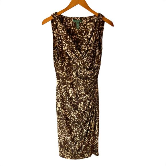 Lauren Ralph Lauren Faux Wrap Sleeveless Dress Jersey Knit Cream Brown Size 4 - Picture 1 of 9